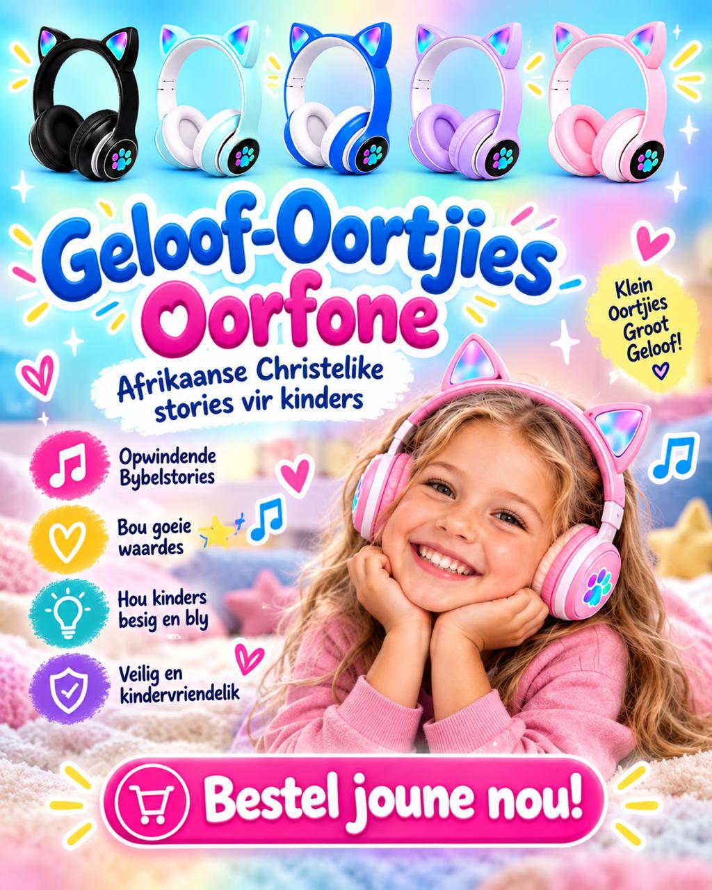 Konsepbeeld van Geloof-Oortjies in swart, mint, blou, pers en pienk