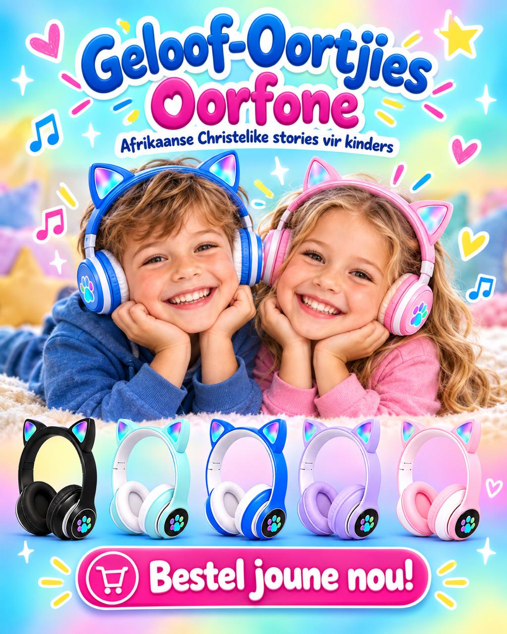 Konsepbeeld van twee kinders met Geloof-Oortjies oorfone